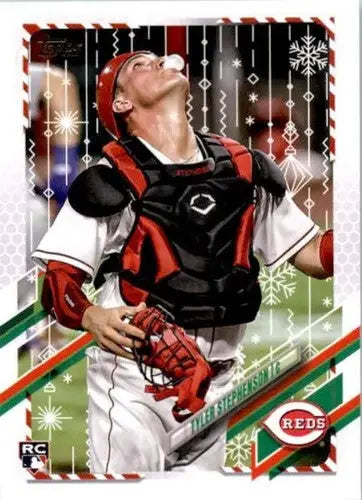 2021 Topps Holiday Mega Box Tyler Stephenson baseball card with original gloss and simply sandoval