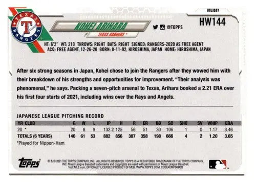 Kohei Arihara baseball card from 2021 Topps Holiday Mega Box with original gloss