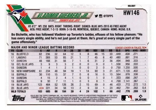 Baseball card back showing original gloss of Vladimir Guerrero from 2021 Topps Holiday Mega Box