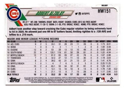 2021 Topps Holiday Mega Box Adbert Alzolay baseball card with original gloss and vibrant colors