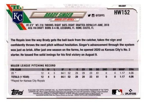 Original gloss Brady Singer baseball card from Topps Holiday Mega box showing rookie RC Royals