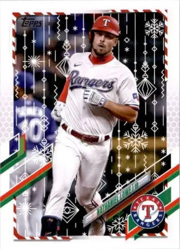 Baseball card featuring Nathaniel Lowe from 2021 Topps Holiday Mega Box with original gloss