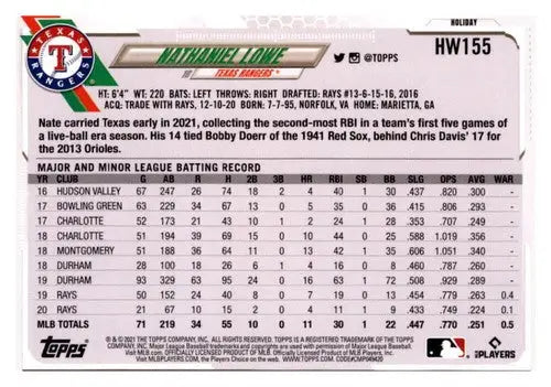 Baseball card back with original gloss from 2021 Topps Holiday Mega Box featuring Nathaniel Lowe