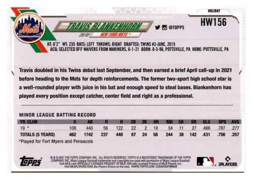 Baseball card back with original gloss from 2021 Topps Holiday Mega featuring Simply Sandoval and Travis Blankenhorn NM-MT RC Rookie for Mets