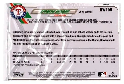 Spencer Howard baseball card from 2021 Topps Holiday Mega Box with original gloss and rookie design