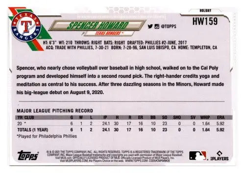 2021 Topps Holiday Mega Box #HW159 Spencer Howard NM-MT RC Rookie Rangers - Baseball Card Box