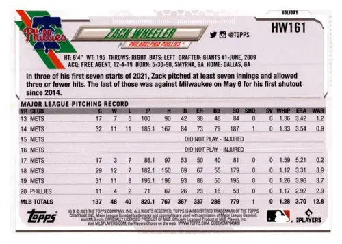 Original gloss Zack Wheeler baseball card from 2021 Topps Holiday Mega Box