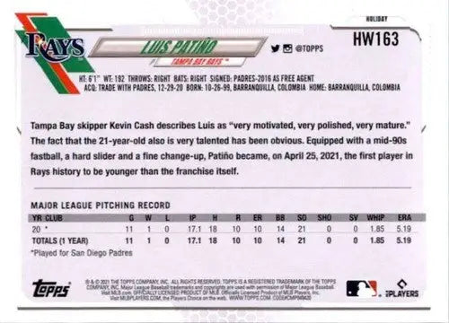 Baseball card back with original gloss from 2021 Topps Holiday Mega Box featuring Luis Patino rookie