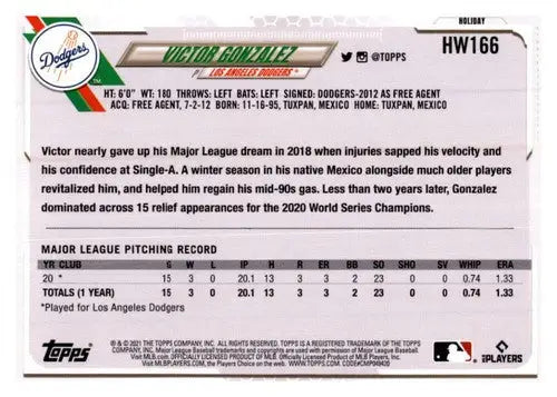 Victor Gonzalez baseball card from 2021 Topps Holiday Mega Box featuring rookie Dodgers
