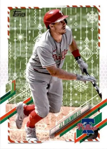 Baseball card featuring J.T. Realmuto from 2021 Topps Holiday Mega Box sports cards