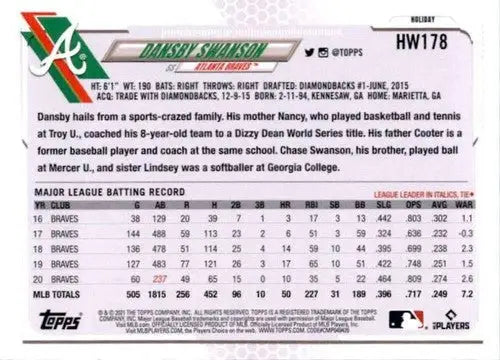 Dansby Swanson baseball card from 2021 Topps Holiday Mega Box with original gloss