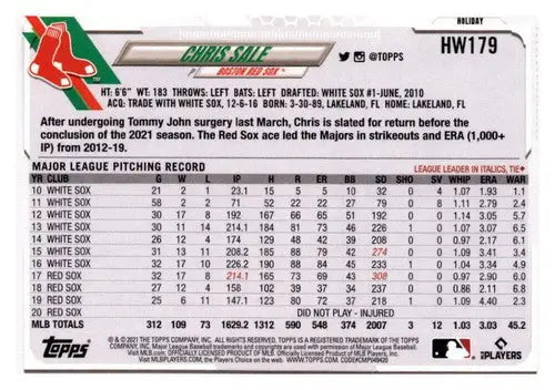 2021 Topps Holiday Mega Box #HW179 Chris Sale NM-MT Red Sox - Baseball Card Single