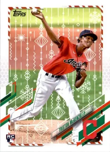 Triston McKenzie baseball card from 2021 Topps Holiday Mega Box featuring rookie Indians