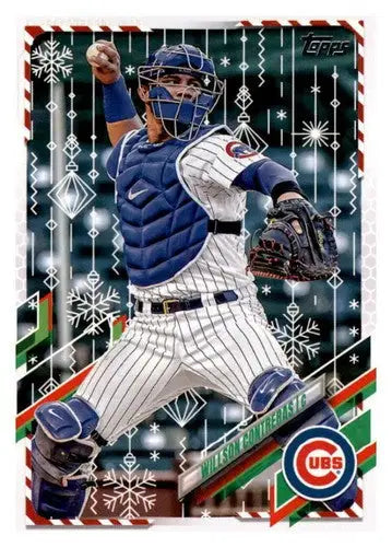 Baseball card featuring catcher Willson Contreras from 2021 Topps Holiday Mega Box with original gloss