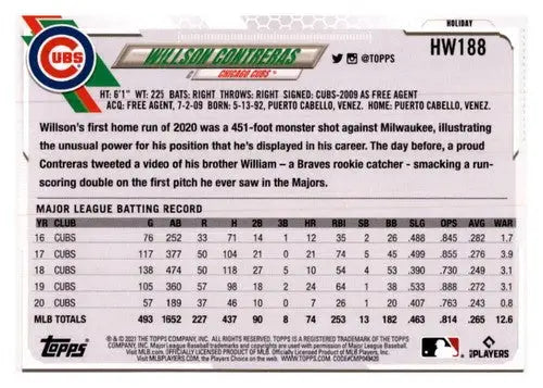 Willson Contreras baseball card from 2021 Topps Holiday Mega Box, original gloss Cubs card