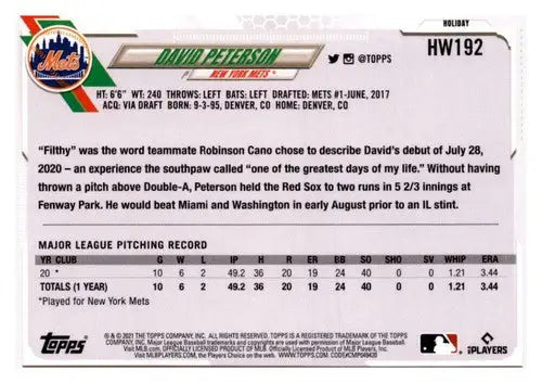 2021 Topps Holiday Mega Box #HW192 David Peterson NM-MT RC Rookie Mets - Baseball Card Box