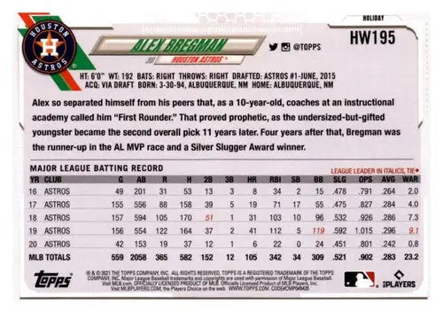 Alex Bregman baseball card from 2021 Topps Holiday Mega Box with original gloss