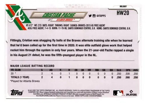 Baseball card back from Topps Holiday Mega featuring Cristian Pache rookie with original gloss