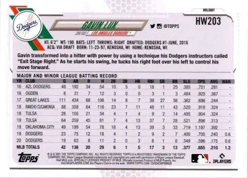 Baseball card back with original gloss from 2021 Topps Holiday Mega Box Gavin Lux Dodgers
