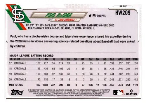 Paul DeJong baseball card from 2021 Topps Holiday Mega Box with original gloss