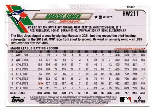 2021 Topps Holiday Mega Box #HW211 Marcus Semien NM-MT Blue Jays - Baseball Card Box