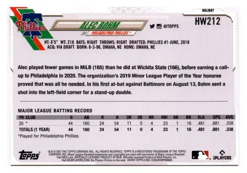 Alec Bohm baseball card from 2021 Topps Holiday Mega Box featuring original gloss