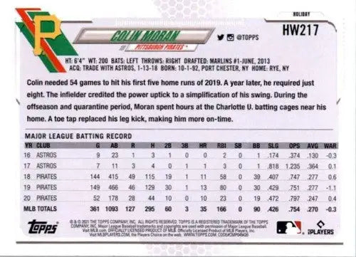 Colin Moran baseball card from 2021 Topps Holiday Mega Box with original gloss and simple Sandoval