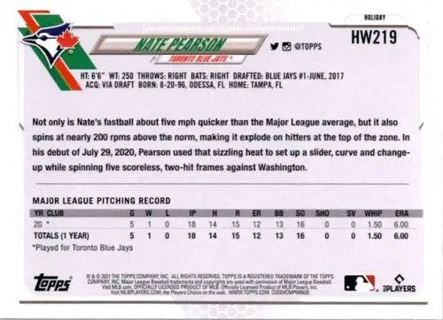 Baseball card back with original gloss from 2021 Topps Holiday Mega Box featuring Nate Pearson Rookie Blue Jays