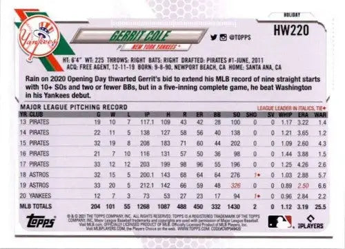 Gerrit Cole baseball card from 2021 Topps Holiday Mega Box with original gloss