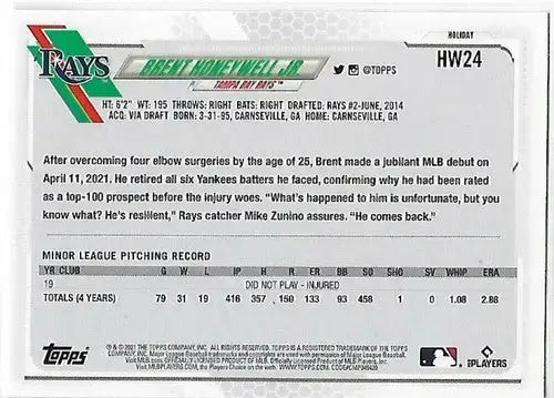 2021 Topps Holiday Mega Box #HW24 Brent Honeywell Jr. NM-MT RC Rookie Rays - Baseball Card Box