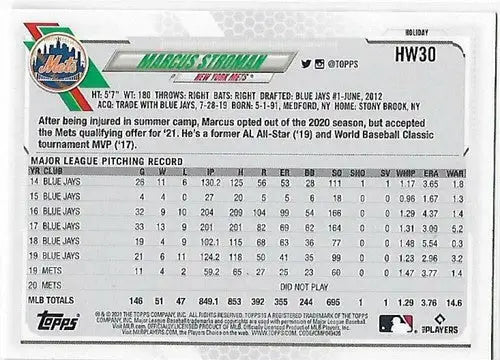 2021 Topps Holiday Mega Box #HW30 Marcus Stroman NM-MT Mets - Baseball Card Single