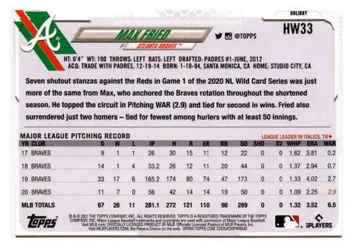 2021 Topps Holiday Mega Box Max Fried baseball card back with original gloss sports cards