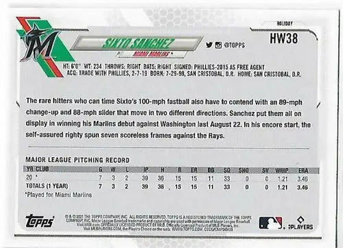 2021 Topps Holiday Mega Box #HW38 Sixto Sanchez NM-MT RC Rookie Marlins - Baseball Card Box