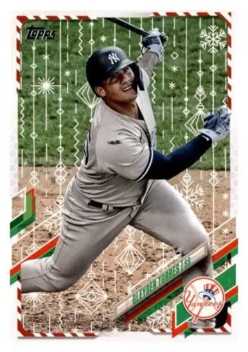 Gleyber Torres baseball card from 2021 Topps Holiday Mega Box featuring original gloss