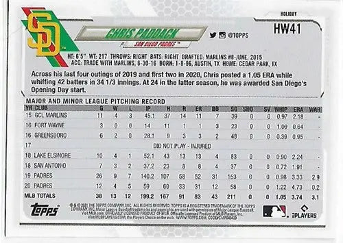 2021 Topps Holiday Mega Box #HW41 Chris Paddack NM-MT Padres - Baseball Card Box