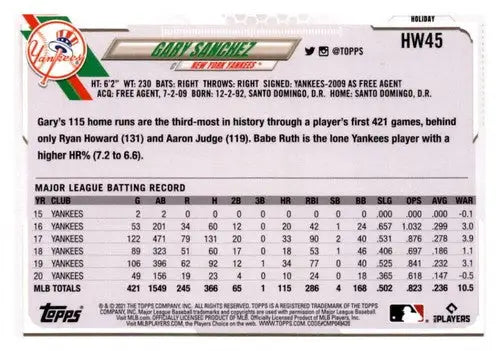 2021 Topps Holiday Mega Box Gary Sanchez baseball card featuring original gloss and sports cards