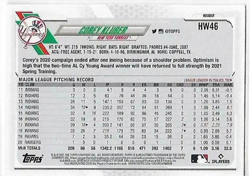 2021 Topps Holiday Mega Box #HW46 Corey Kluber NM-MT Yankees - Baseball Card Box