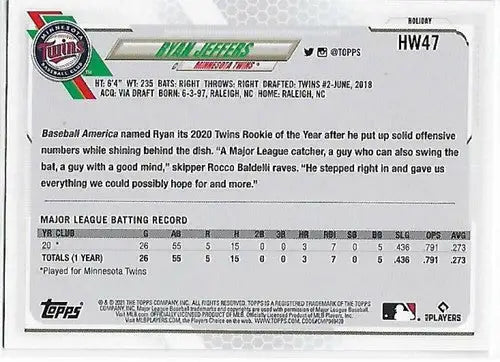 2021 Topps Holiday Mega Box #HW47 Ryan Jeffers NM-MT RC Rookie Twins - Baseball Card Box