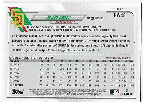 2021 Topps Holiday Mega Box #HW48 Blake Snell NM-MT Padres - Baseball Card Box