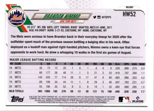 2021 Topps Holiday Mega Box #HW52 Brandon Nimmo NM-MT Mets - Baseball Card Single