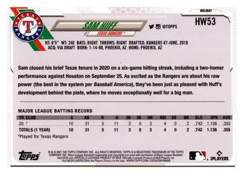 2021 Topps Holiday Mega Box #HW53 Sam Huff NM-MT RC Rookie Rangers - Baseball Card Single