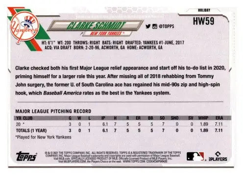 Original gloss Clarke Schmidt baseball card from Topps Holiday Mega Box Rookie Yankees
