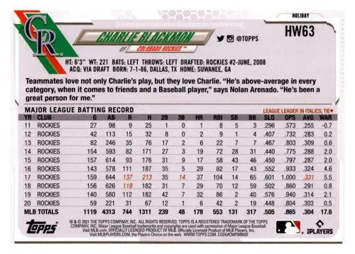 2021 Topps Holiday Mega Box #HW63 Charlie Blackmon NM-MT Rockies - Baseball Card Box