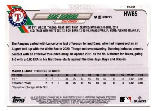 2021 Topps Holiday Mega Box #HW65 Dane Dunning NM-MT RC Rookie Rangers - Baseball Card Box