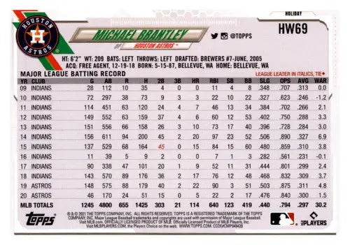 Baseball card from 2021 Topps Holiday Mega Box featuring Michael Brantley Astros