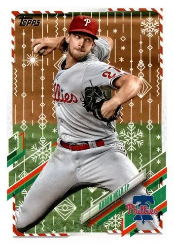 Baseball card featuring Aaron Nola from 2021 Topps Holiday Mega Box with original gloss