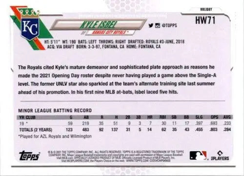 2021 Topps Holiday Mega Box #HW71 Kyle Isbel NM-MT RC Rookie Royals - Baseball Card Box
