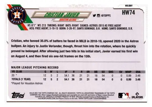Cristian Javier baseball card from 2021 Topps Holiday Mega Box NM-MT RC Rookie Astros