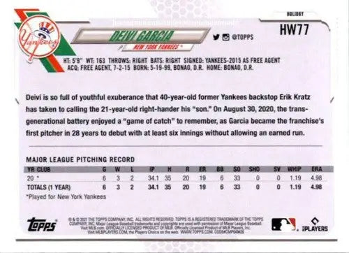 2021 Topps Holiday Mega Box #HW77 Deivi Garcia NM-MT RC Rookie Yankees - Baseball Card Single
