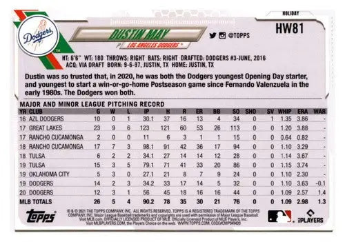 2021 Topps Holiday Mega Box #HW81 Dustin May NM-MT Dodgers - Baseball Card Box